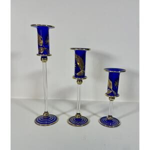 set of 3 Vintage Cobalt Gold Filigree cut glass czech bohemian candle holders